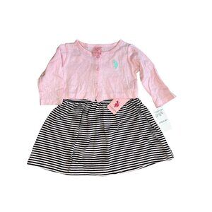 U.S. Polo Assn. Baby Girl's 2-Piece Dress Set Pink Cardigan Striped Dress 12M
